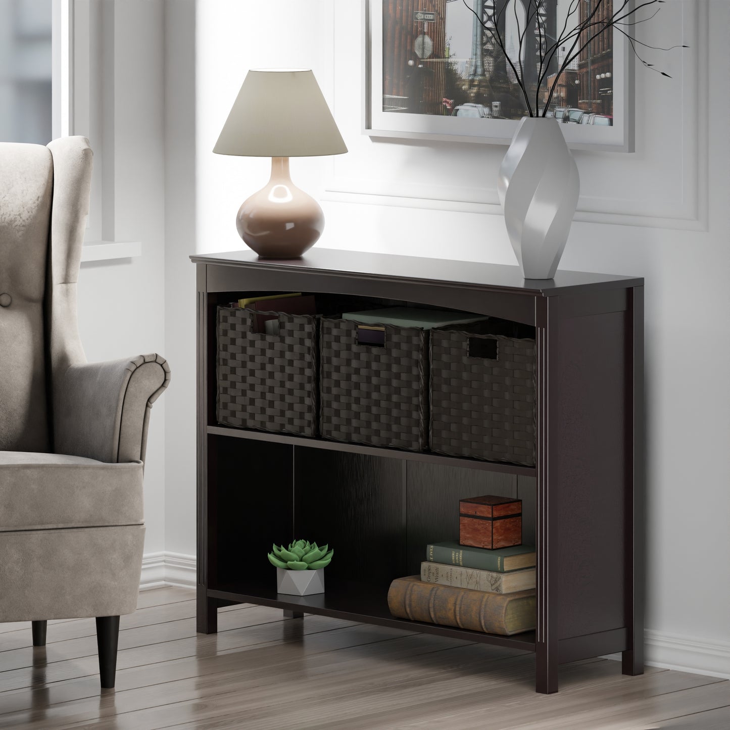 Terrace 4-Pc Storage Shelf with 3 Foldable Woven Baskets, Walnut and Chocolate