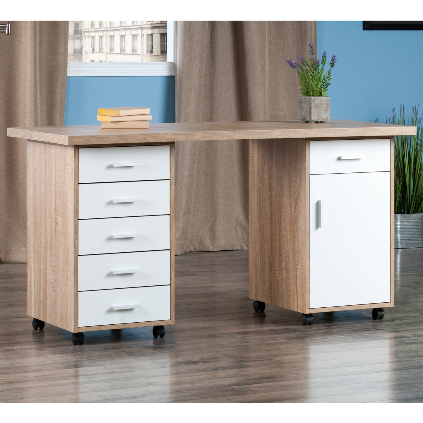 Kenner 3-Pc Set Mobile Modular Desk White/Wood Finish