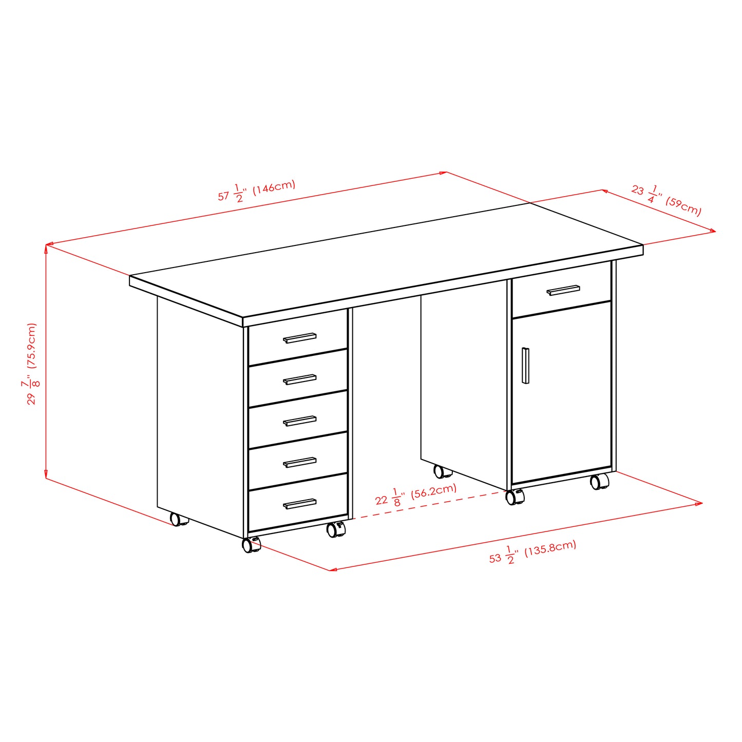 Kenner 3-Pc Set Mobile Modular Desk White/Wood Finish