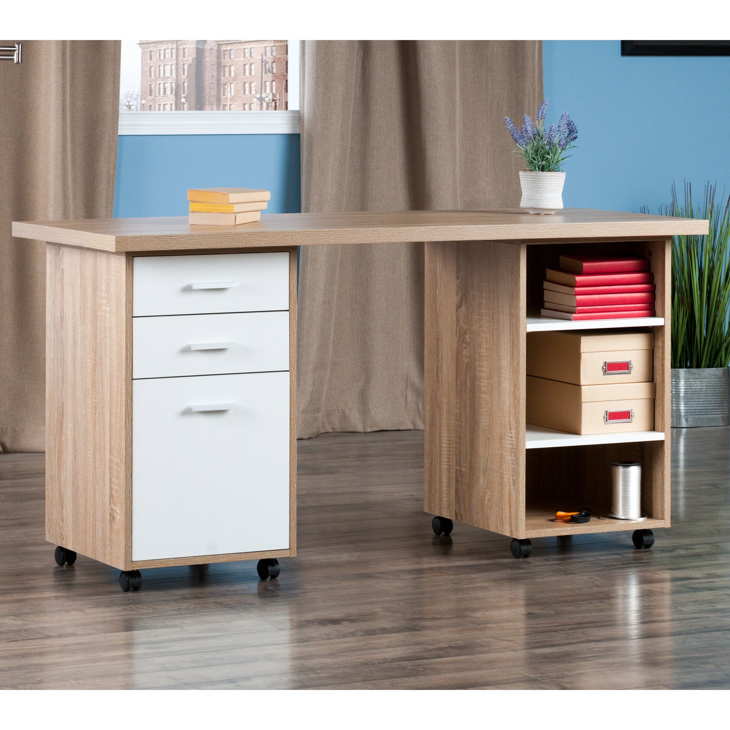 Kenner 3-Pc Modular Mobile Desk Set, Reclaimed Wood and White