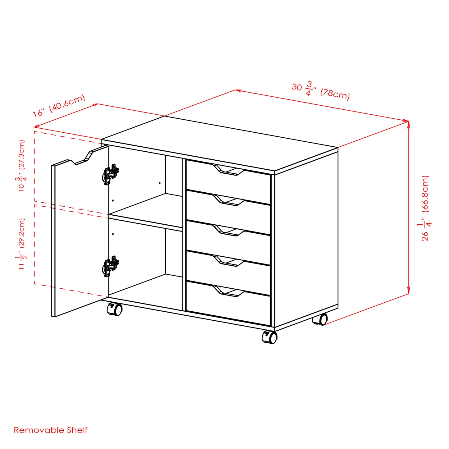 Halifax Wide Mobile Storage Cabinet, 5-Drawer, Black