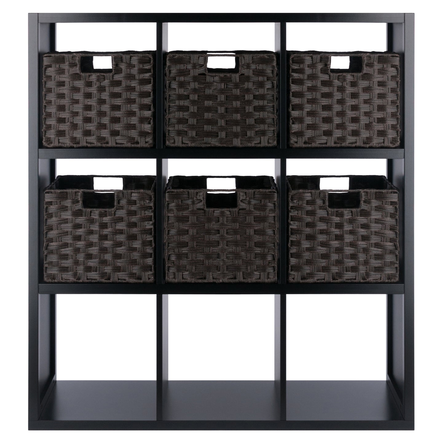 Timothy 7-Pc 3x3 Storage Shelf with 6 Foldable Woven Baskets, Black and Chocolate