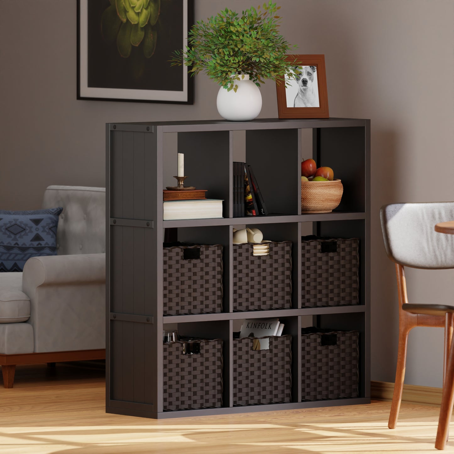 Timothy 7-Pc 3x3 Storage Shelf with 6 Foldable Woven Baskets, Black and Chocolate