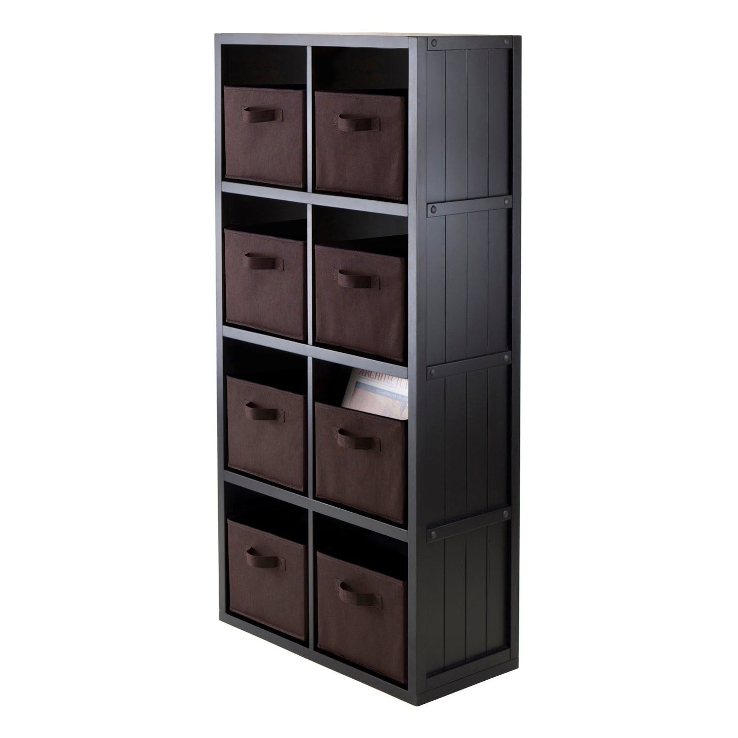 Timothy 9-Pc 4x2 Storage Shelf with 8 Foldable Fabric Baskets, Black and Chocolate