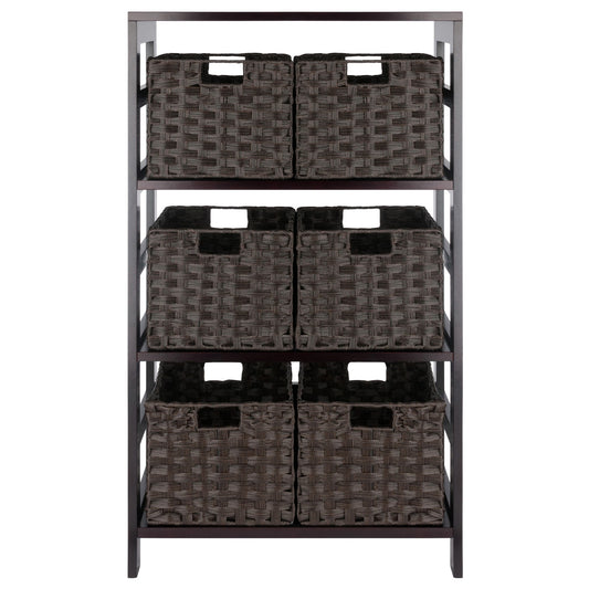 Leo 7-Pc Storage Shelf with 6 Foldable Woven Baskets, Espresso and Chocolate