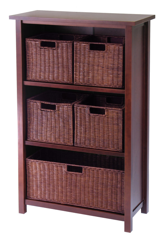 Milan 6-Pc Storage Shelf with 5 Wicker Baskets, Walnut